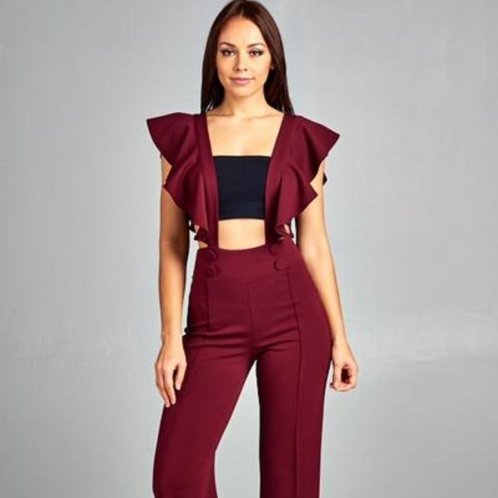 Wine Ruffle Sleeve Jumpsuit